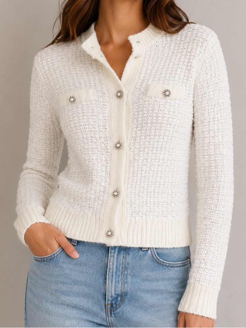 Catherine Malandrino Vintage Pearl Button Cardigan Cream White Knit Sweater XS
